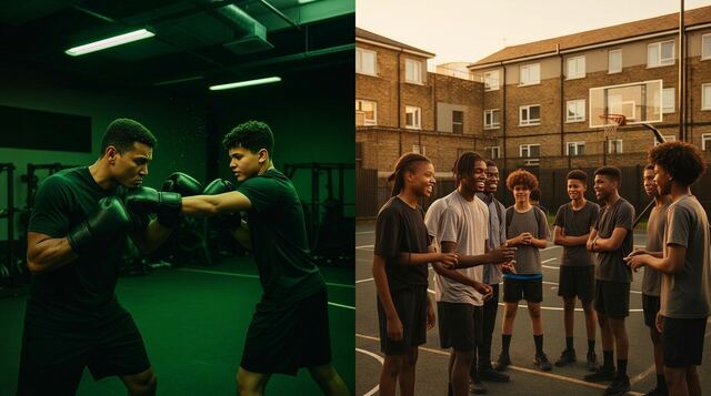 Split-screen photo: on the left, a MEM Academy boxing coach in a green-lit indoor gym holds pads while a young trainee throws a focused punch; on the right, a coach stands on an urban London estate basketball court at golden hour, mentoring a diverse group of smiling young people — illustrating the gym roles, chair rent and coaching opportunities offered through MEM.